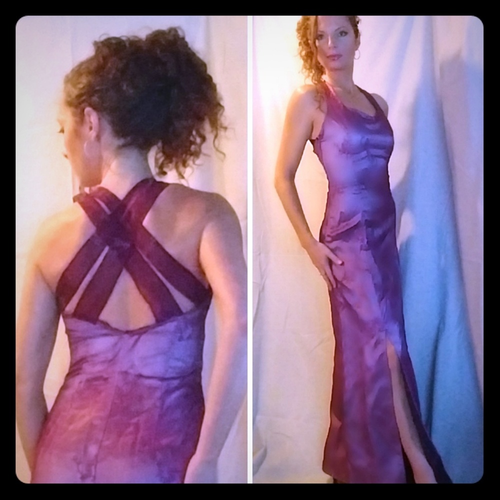Mid thigh slit lavender evening gown.